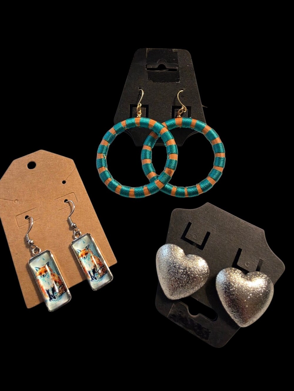 Three Pairs New Pierced Earrings Fox Heart and Hoop